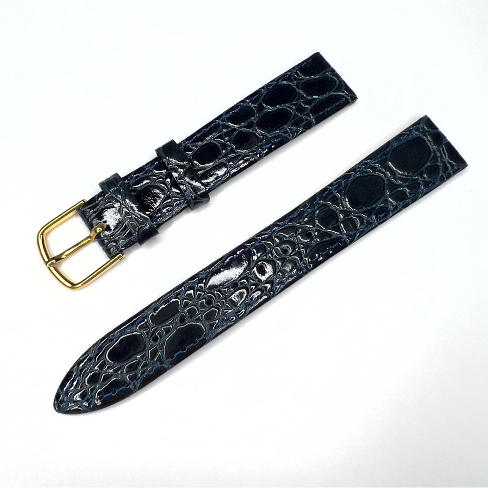 CHAMPION 16/15mm Navy Blue Crocodile Calf Watch Strap Band Gold Tone Buckle